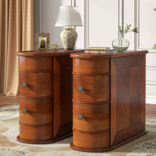 Wood End Table Set of 2 Narrow Solid Side Table with 2 Drawers