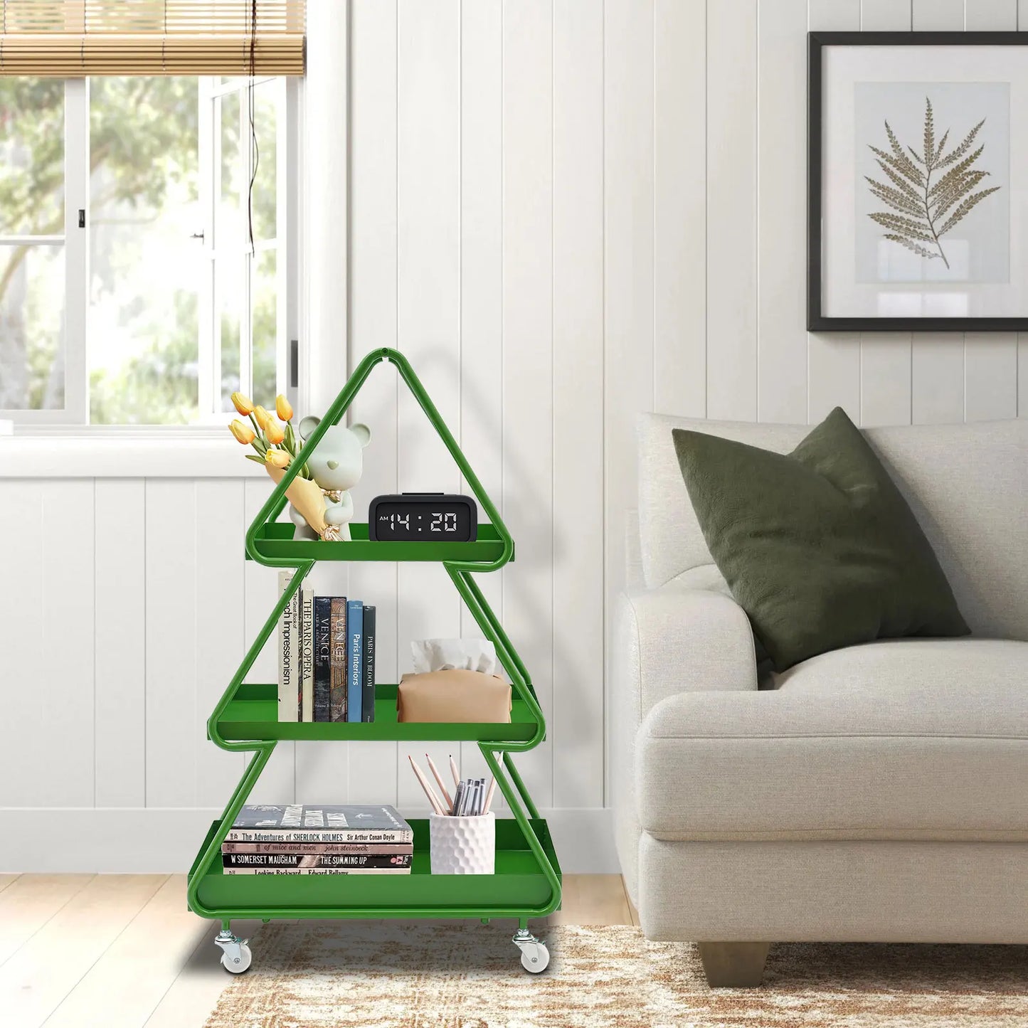 Christmas Tree Side Table Movable Iron Cart Sofa Cabinet with Wheels