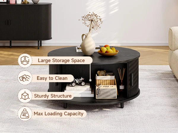 Round Coffee Table with Storage Modern 31.5 Inch Fluted Wood Accent