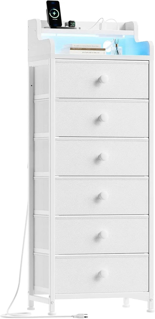 Dresser Bedroom Charging Station LED Lights 6 Drawers Tall Night Stand