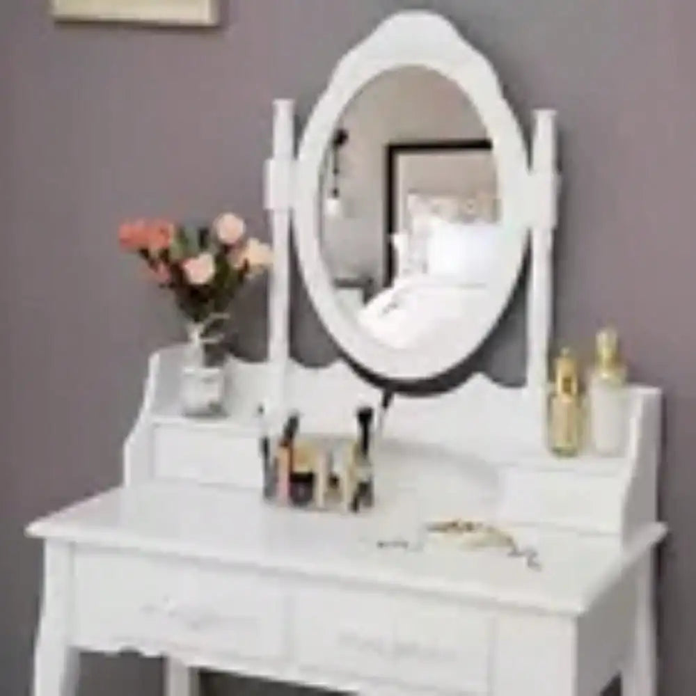 Makeup Vanity Table Set with Oval Mirror and 4 Drawers for Girls