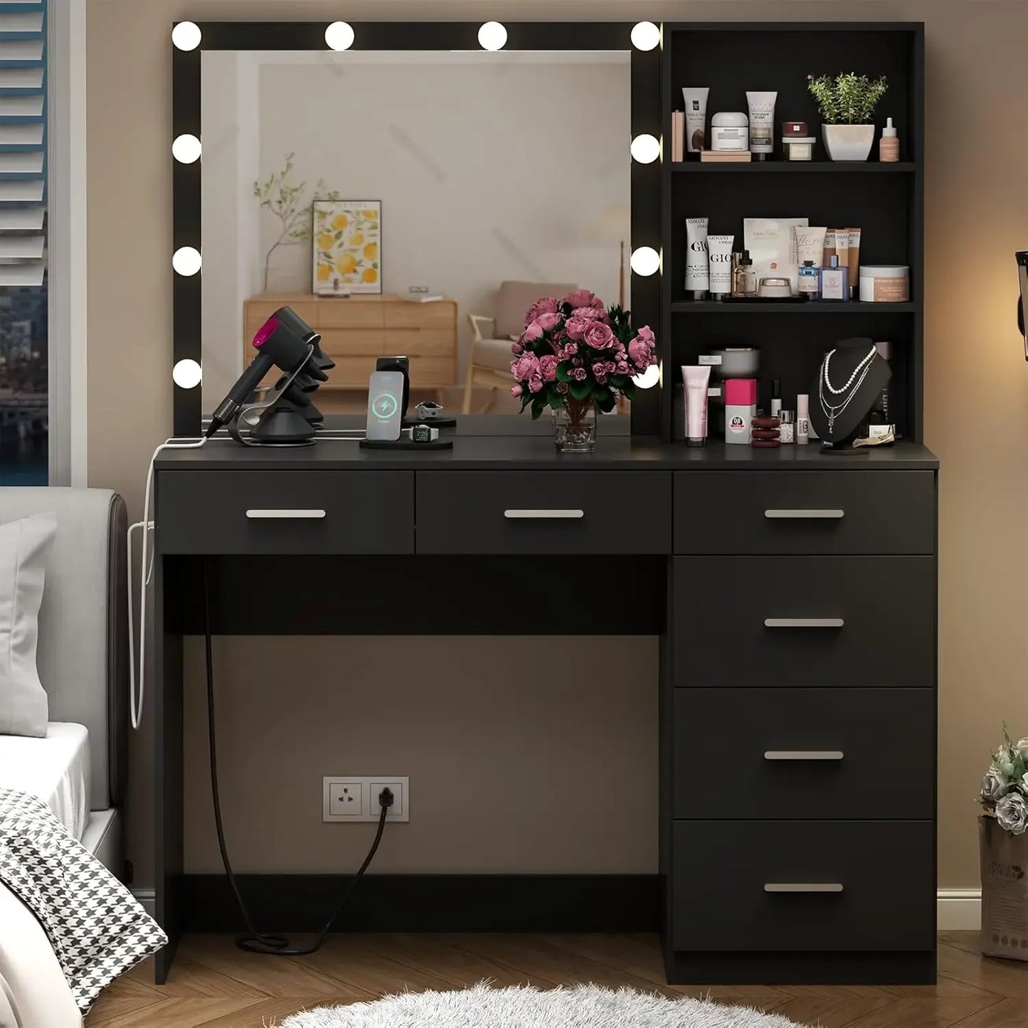 Vanity Desk Lighted Mirror with Power Outlet and 6 Drawers Makeup Table