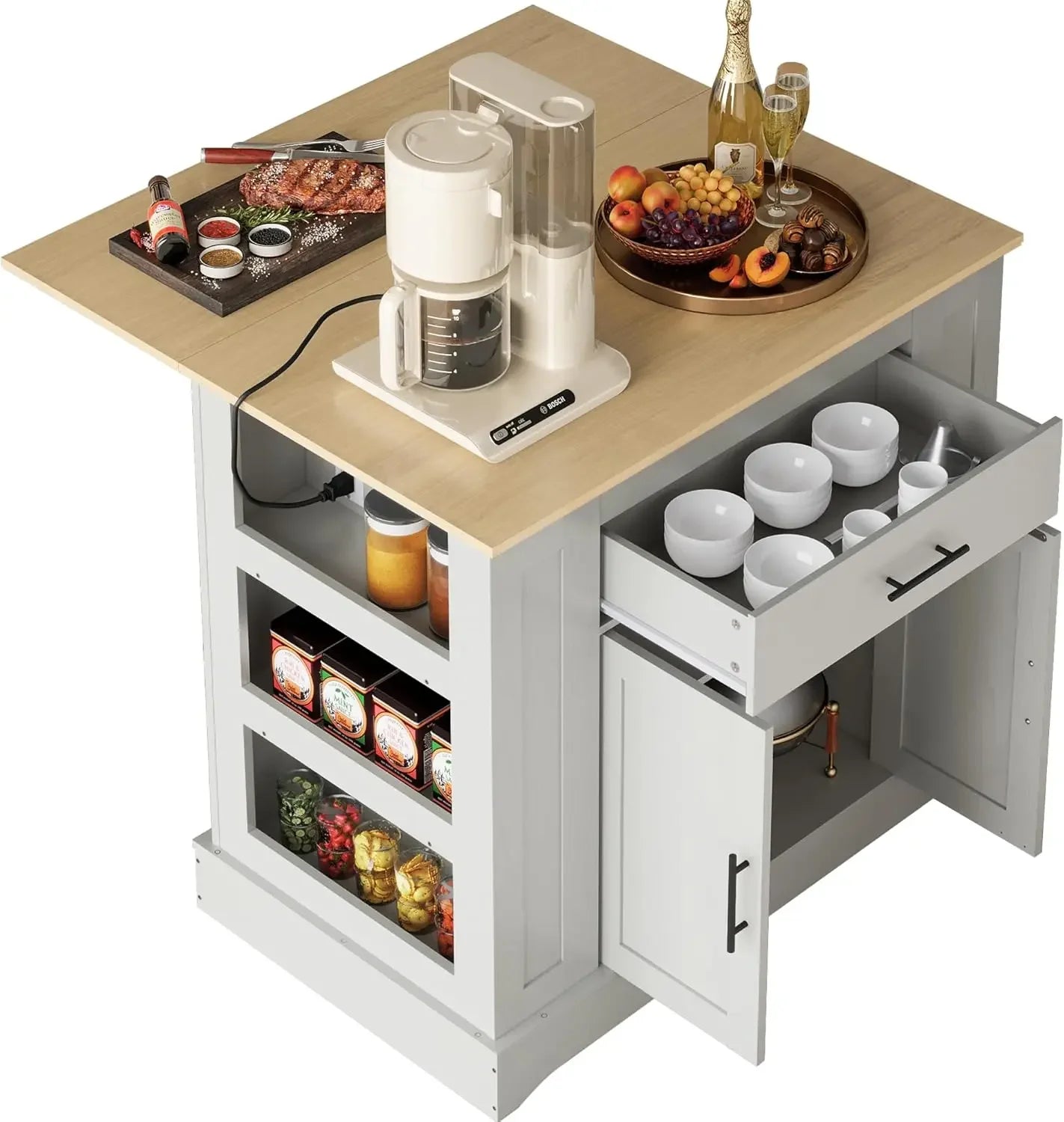Large Kitchen Island with Storage Power Outlet Adjustable Shelves