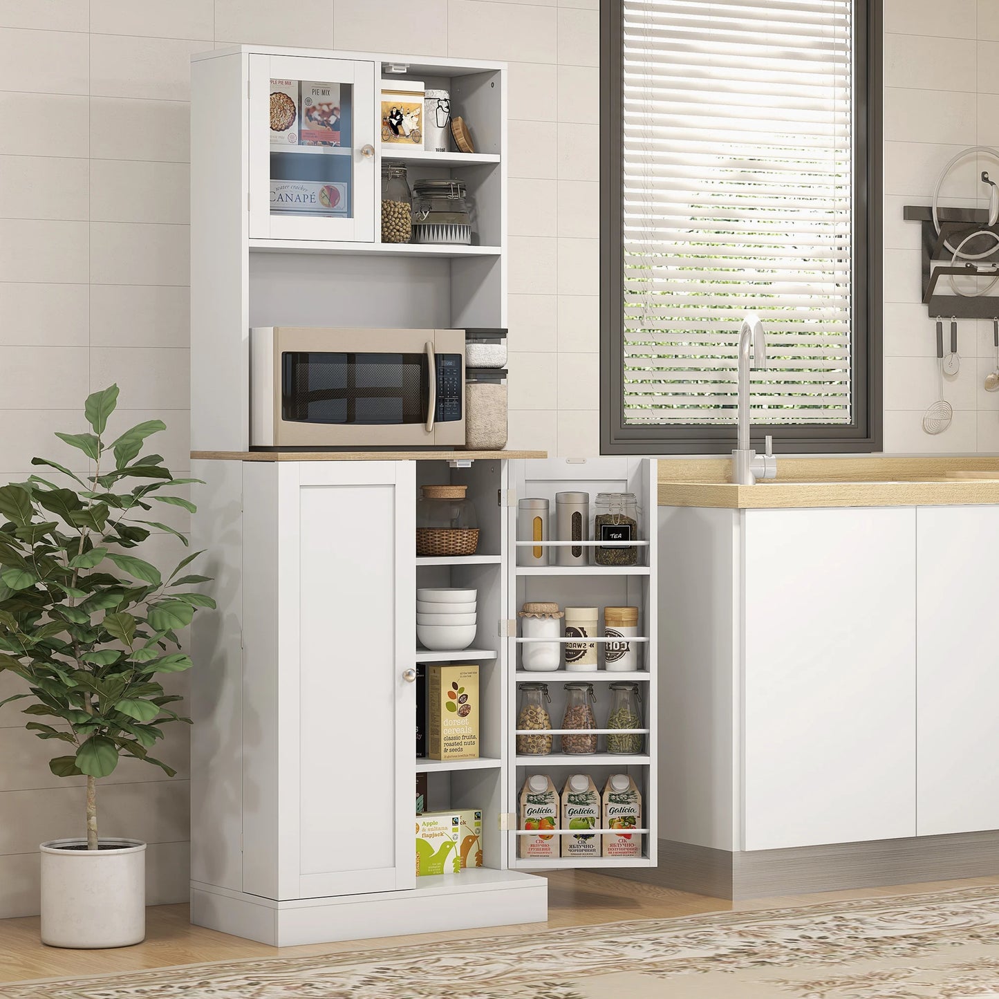 Ljustra 66.5 Inch Tall Kitchen Pantry Storage Cabinet with Microwave Stand