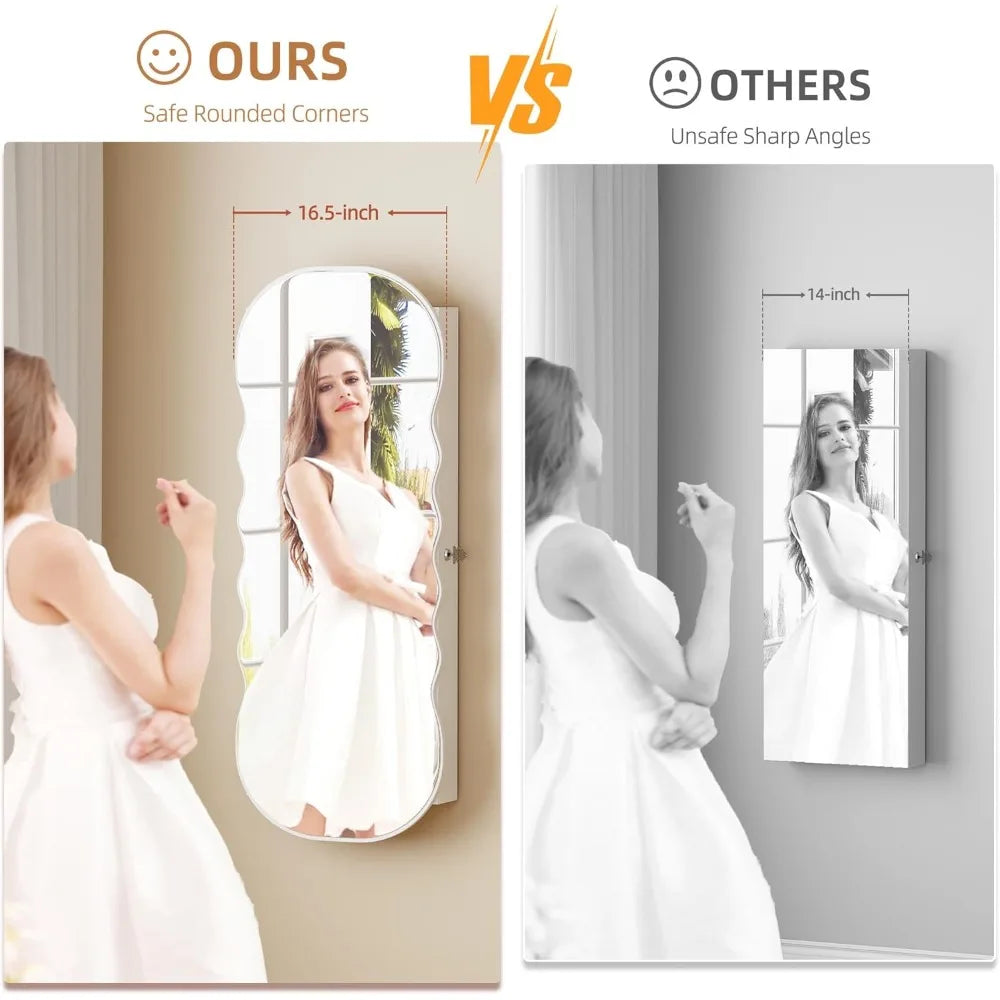 Jewelry Armoire with LED Lights Lockable Wavy Mirror Jewelry Organizer