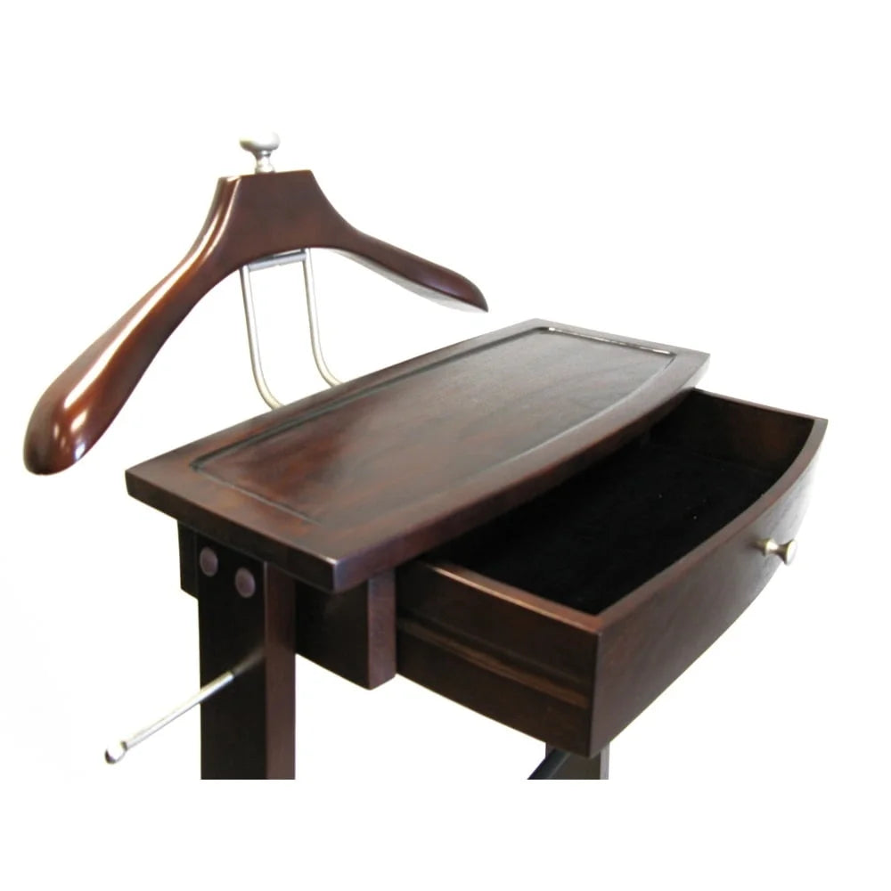 Elegant Dark Walnut Dresser Valet Stand with Drawer Satin Nickel Hardware