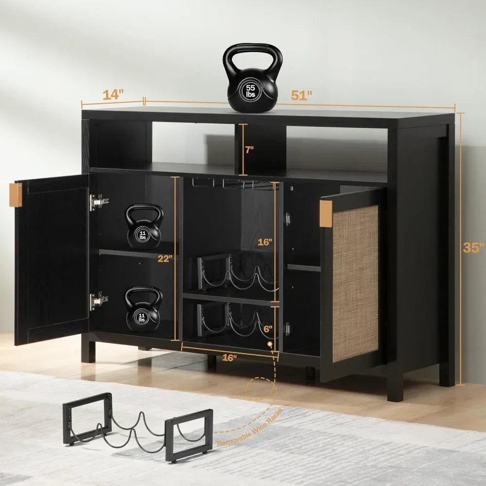 Rattan Coffee Bar Cabinet Modern Liquor Cabinet Buffet Storage 51 Inch