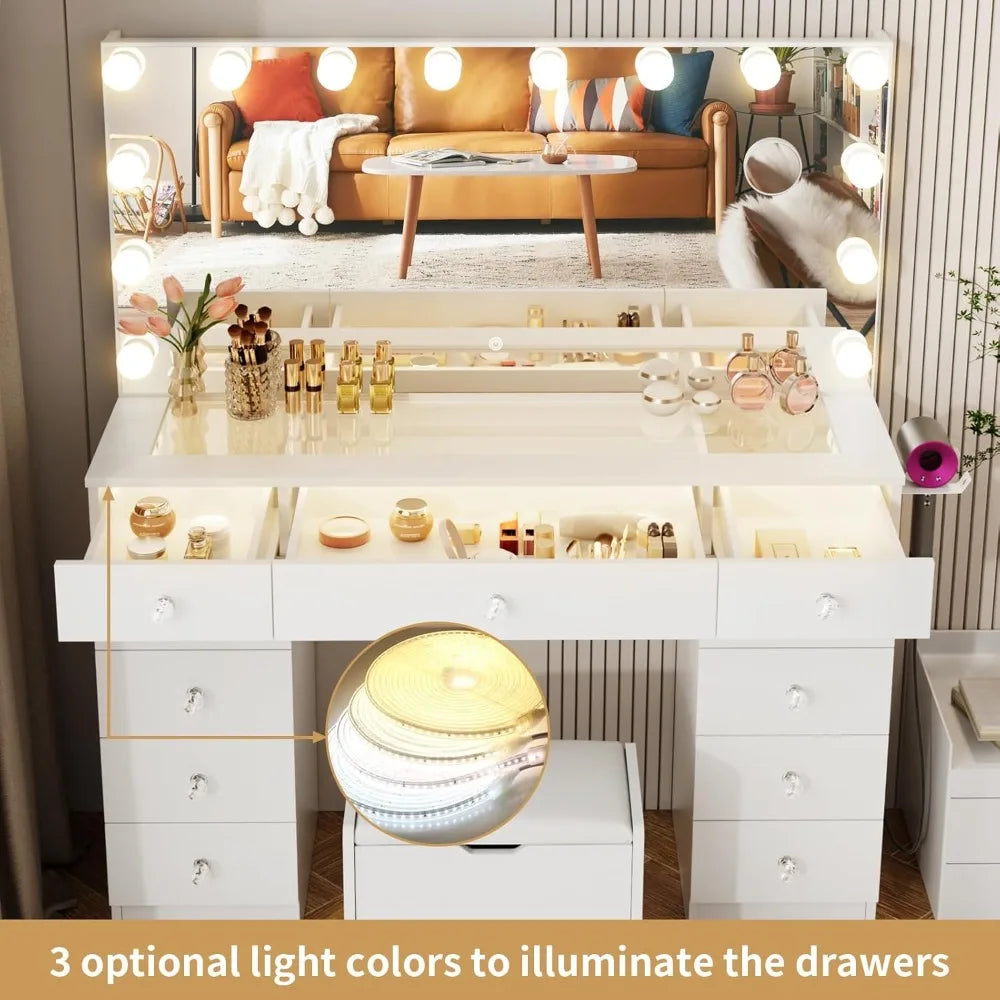 Vanity with Lighted Mirror Adjustable Brightness 11 Drawers Makeup Desk