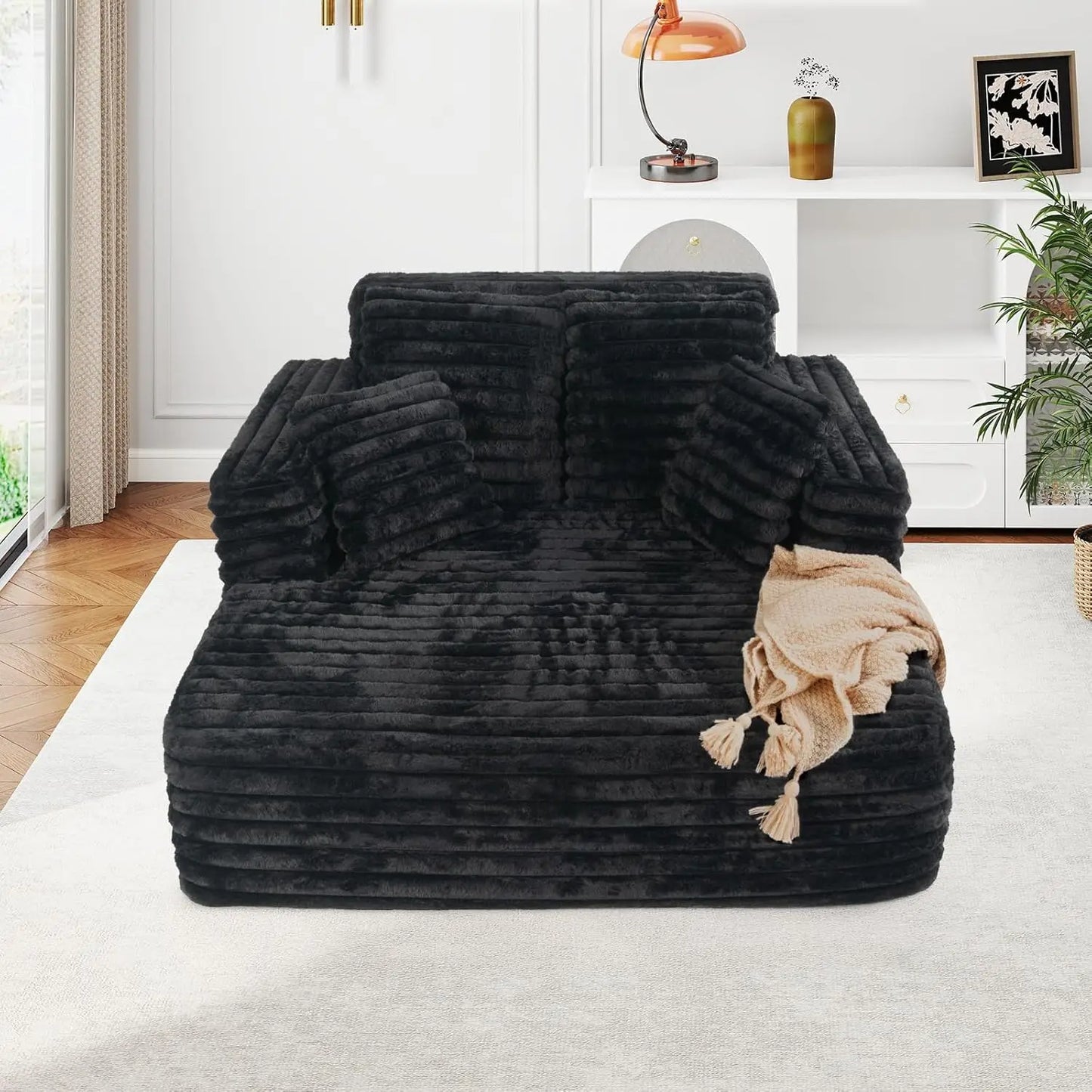 Ljustra Faux Fur Sleeper Chaise Sofa Oversized 60" Deep Cloud Couch Bed Black