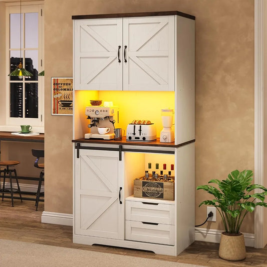Farmhouse Kitchen Pantry Storage Cabinet Freestanding Hutch Drawers Shelves