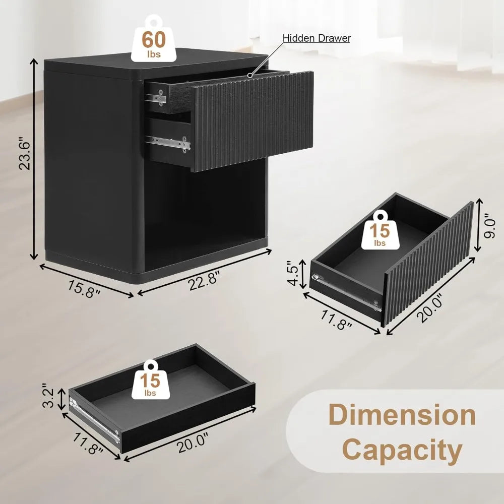 22.8" W Black Nightstand with Hidden Drawers Mid Century Modern Design
