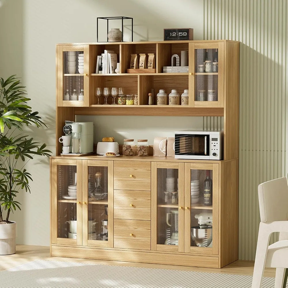 Large Kitchen Hutch Cabinet with Glass Doors and Drawers for Storage