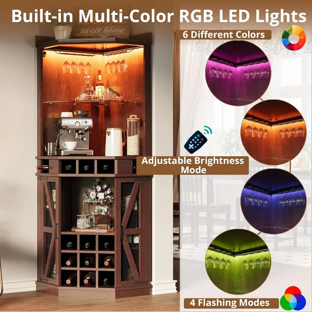 Tall Corner Bar Cabinet with LED Light Tempered Glass Rack Wine Storage