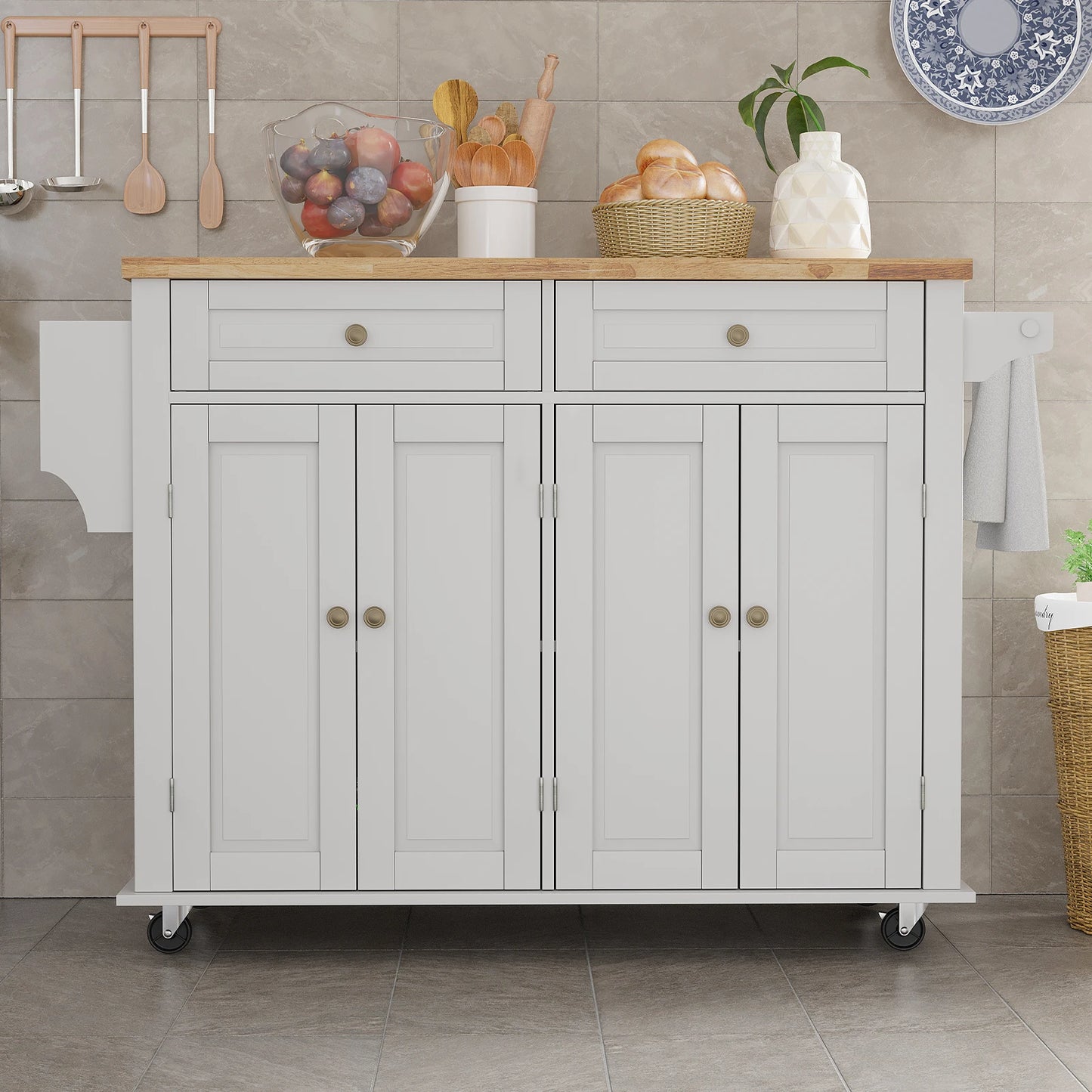 Rolling Kitchen Island on Wheels with Drop Leaf Storage Cabinet