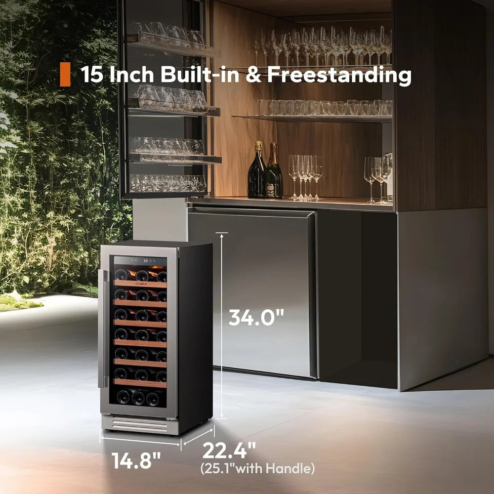 15 Inch Built-in Wine Fridge 33 Bottle Cooler Glass Door LED Lights
