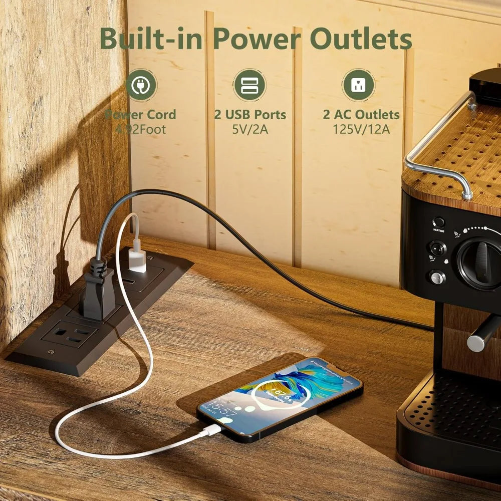 Kitchen Buffet Cabinet Coffee Bar with Power Outlet LED Light Storage