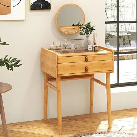 Bamboo Vanity Desk with Rotating Mirror Glass Top 2 Drawers Natural