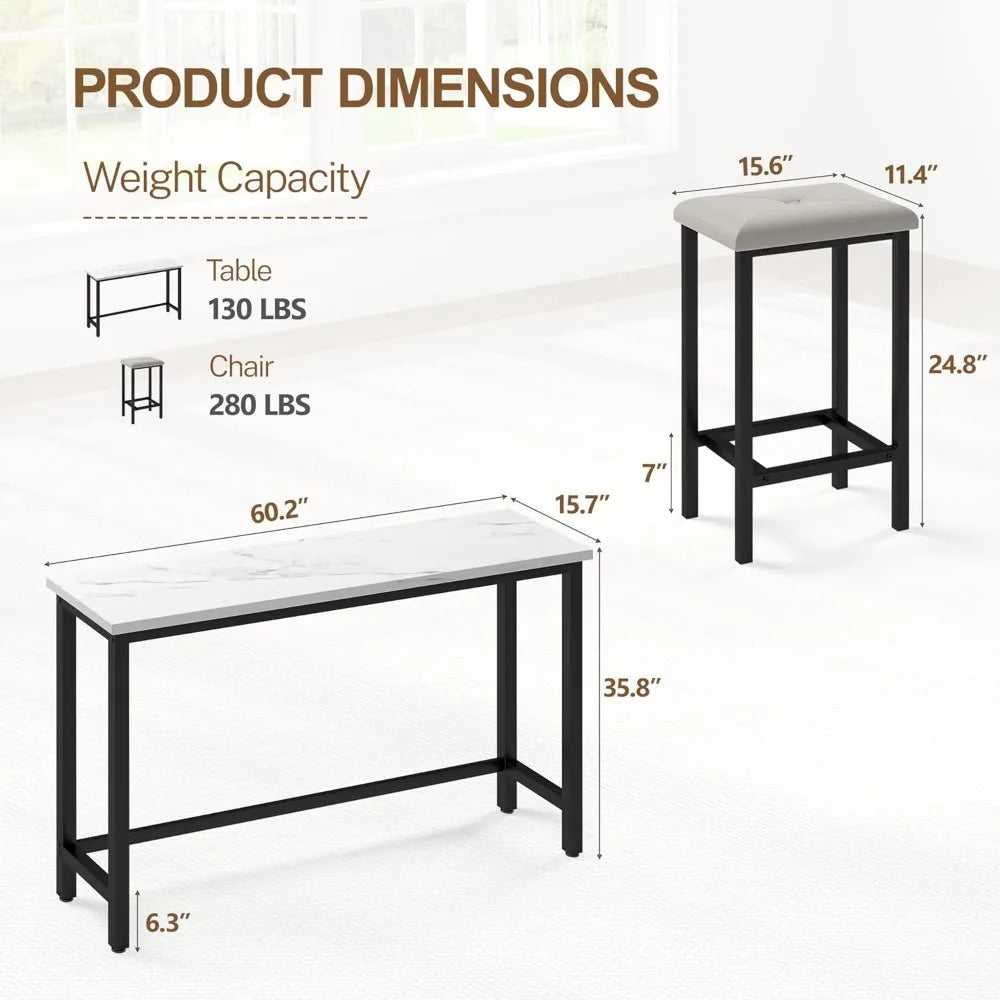 Bar Table Set for 3 Faux Marble Rectangular Dining Set with Stools