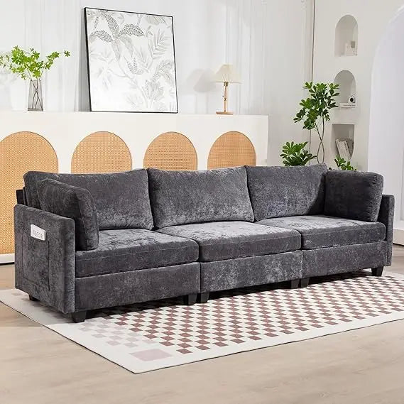 Modern Chenille 3-Seater Sofa w/ Storage, Deep Cushions, 111" Couch, Grey