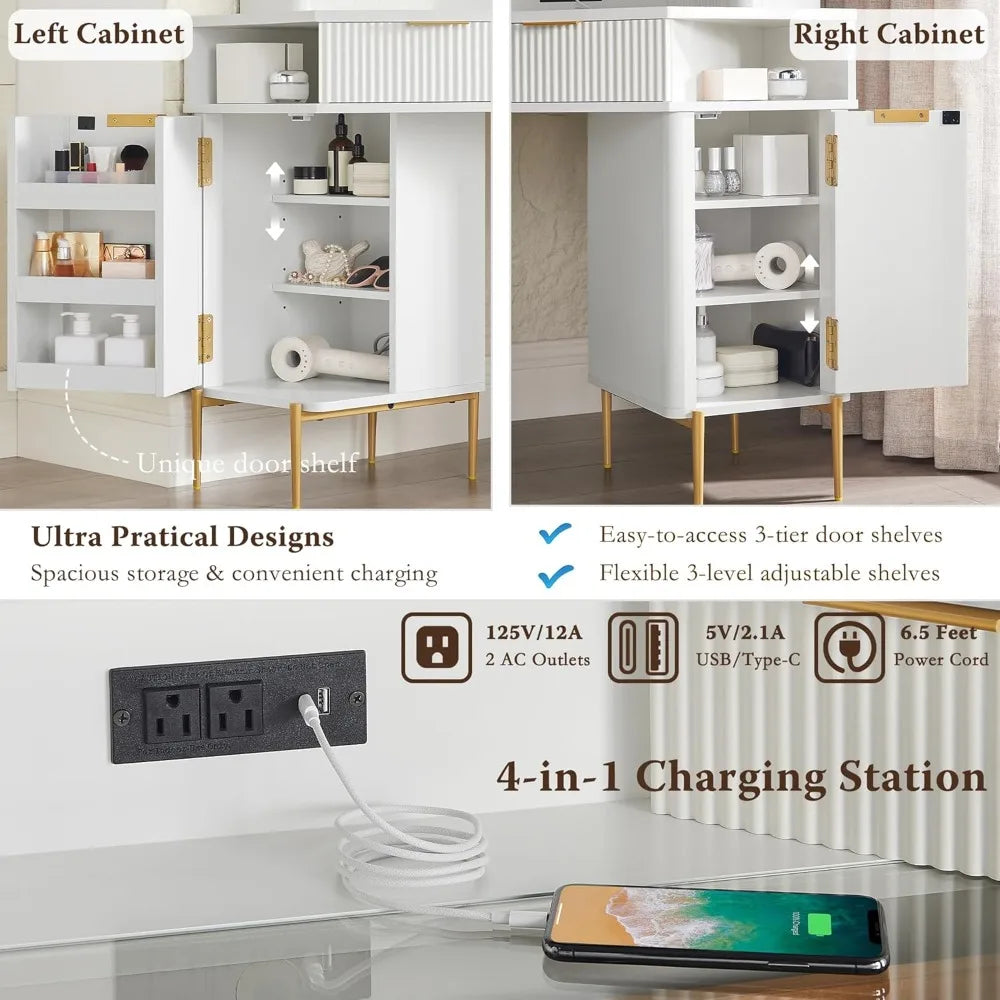 Corner Vanity Desk with Mirror Lights Storage and Charging Outlet