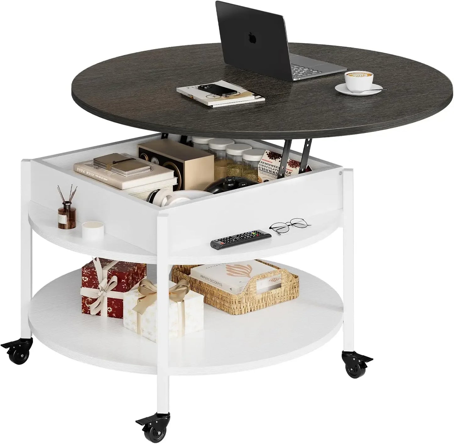 Round Lift Top Coffee Table with Wheels Storage Compartment 26.77in