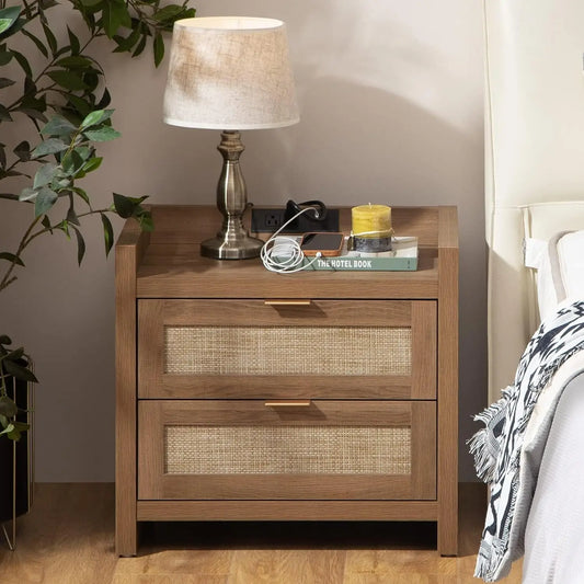Rattan Nightstand End Table with Charging Station and 2 Drawers Storage