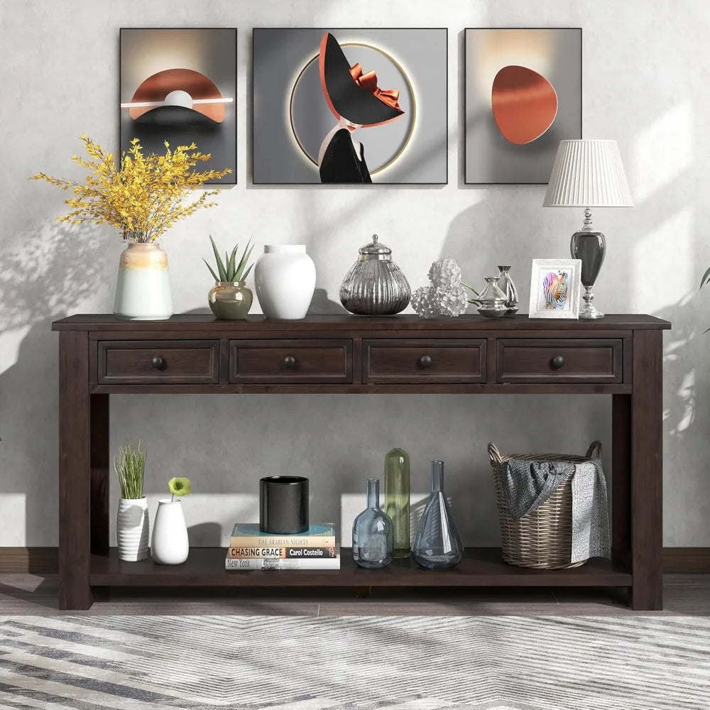 64 Inch Rustic Console Table with Drawer Shelf Storage for Entryway