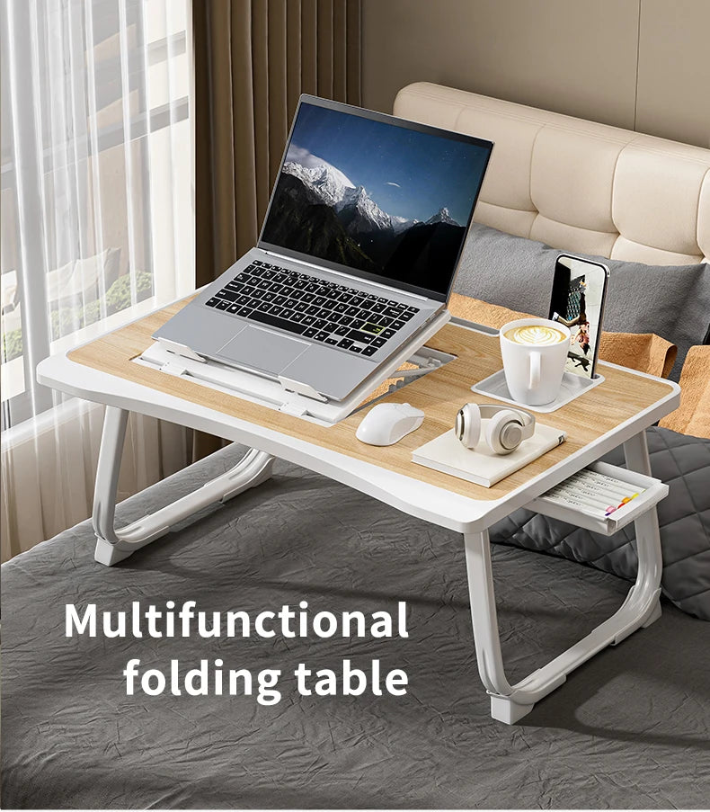 Foldable Laptop Bed Desk Portable Adjustable Height with Storage Drawers