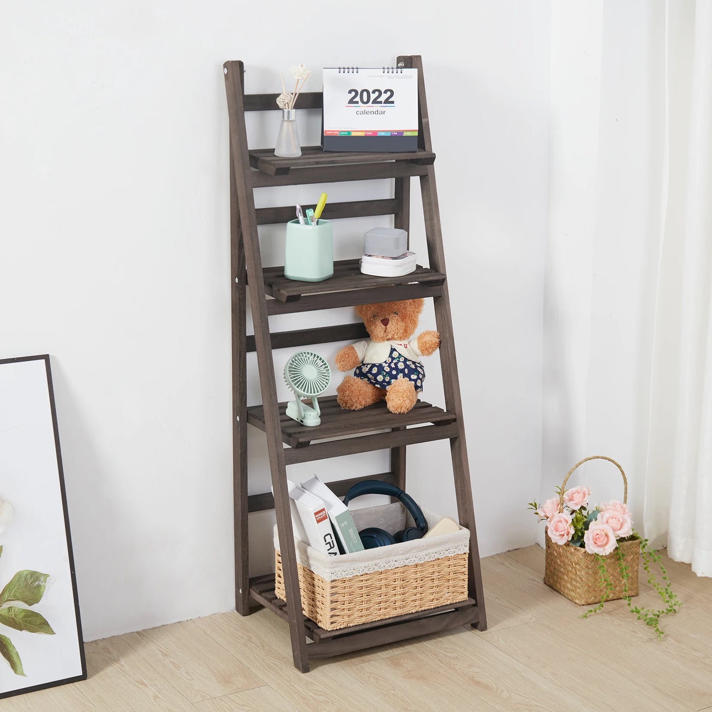 Rustic Wood Plant Stand 43" Foldable 4-Shelf Indoor Outdoor Rack
