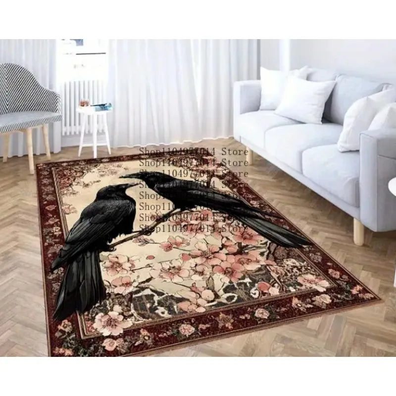 Black Crows Cherry Blossoms Print Rug Soft Non-Slip Home Decor