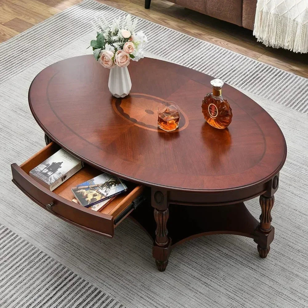 Solid Wood Oval Coffee Table with Storage Drawer Vintage Style