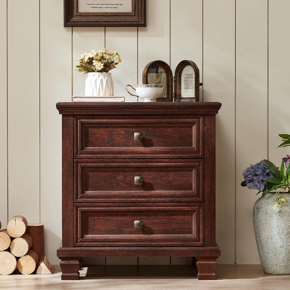 Rustic Farmhouse Nightstand Set of 2 with 3 Drawers and Solid Wood Legs