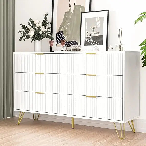 Modern 6 Drawer Dresser with Gold Handles for Bedroom and Living Room