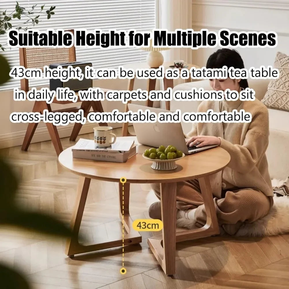 Solid Wood Round Coffee Table Rustic Farmhouse Living Room Tea Table