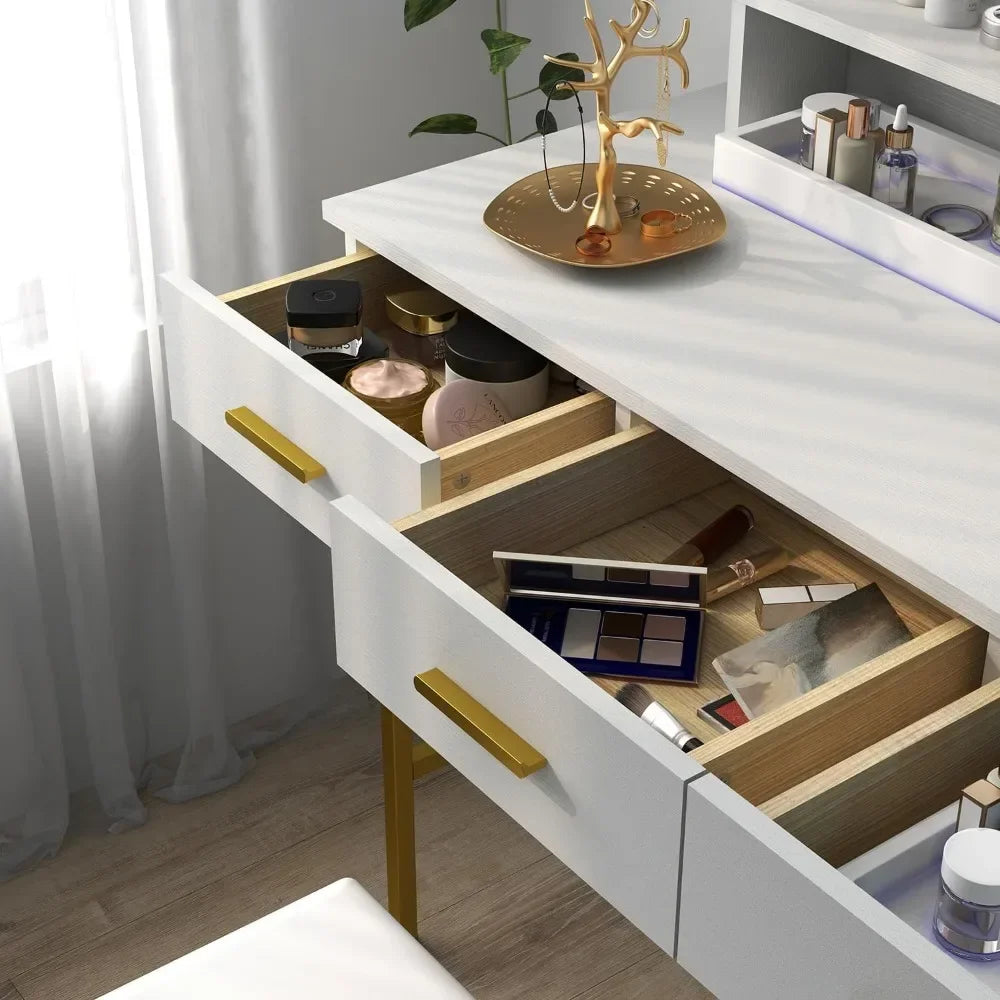 Vanity Table with Lighted Mirror and Cushioned Stool for Makeup