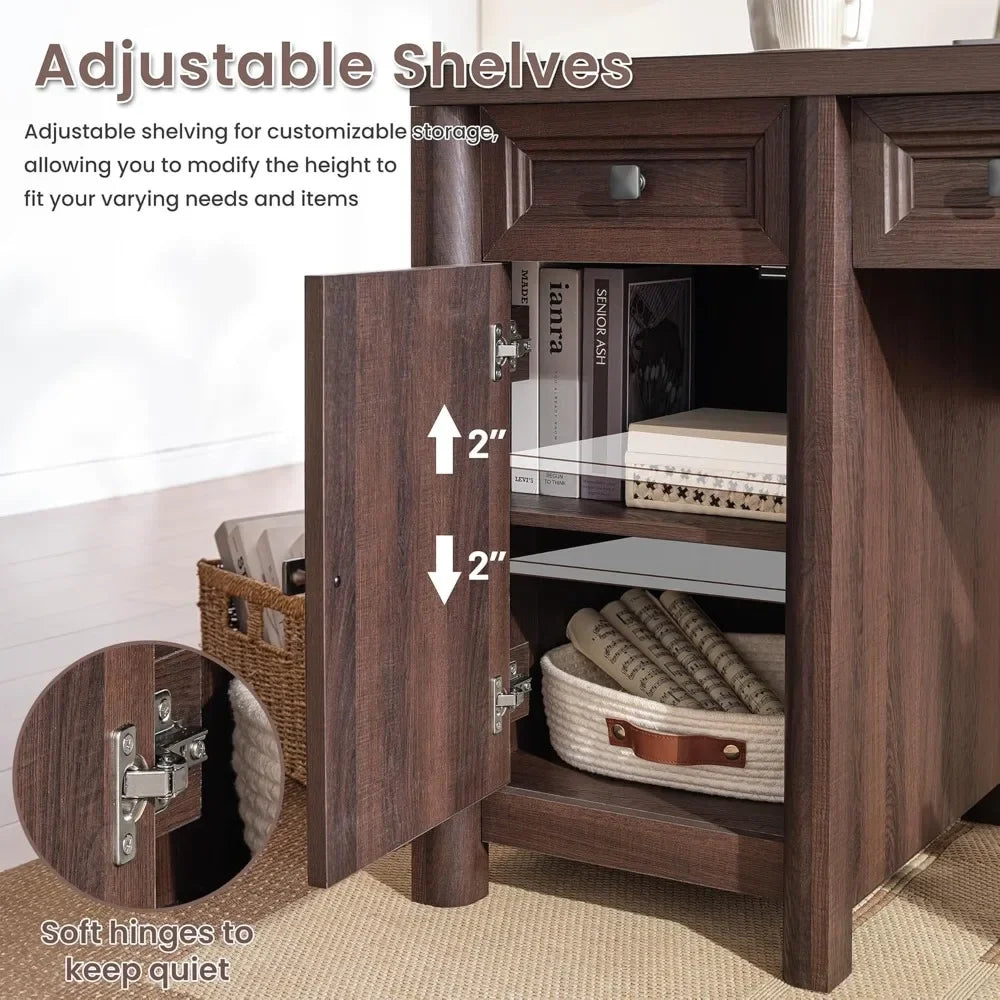 Farmhouse Computer Desk with 5 Drawers and Adjustable Shelf 58 Inch