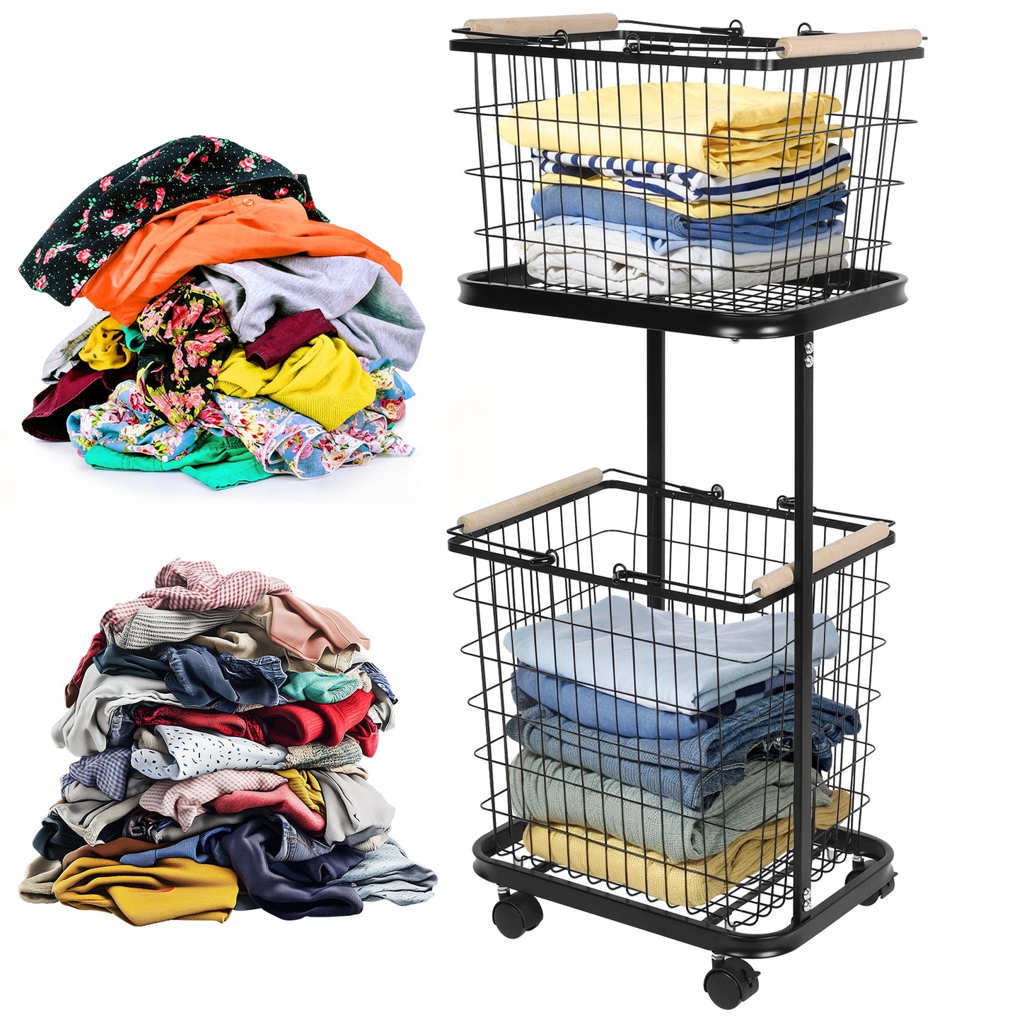 2 Tier Rolling Laundry Basket with Wheels Metal Storage Cart Hamper