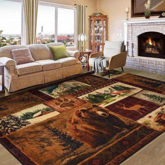 Farmhouse 6x9 Area Rug Buffalo Plaid Lodge Bear Moose Deer Living Room