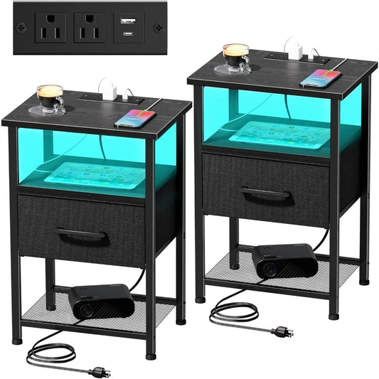 Nightstands Set of 2 with Charging Station LED Light Strip Drawer