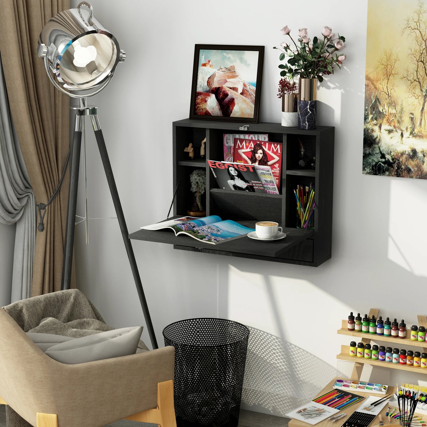 Black Wall Mounted Foldable Desk Space Saving Children Workstation