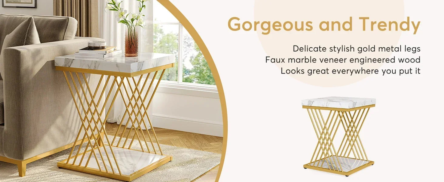 Square End Table Modern 2-Tier Side Table Bedside Table Storage