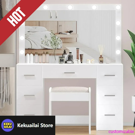Ljustra Vanity Desk With Stool Lighted Mirror Adjustable Brightness