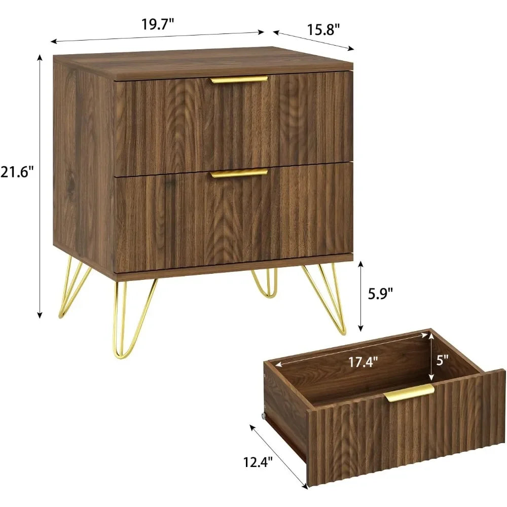 Nightstand Set of 2 Fluted Night Stand with 2 Drawers Wood Storage