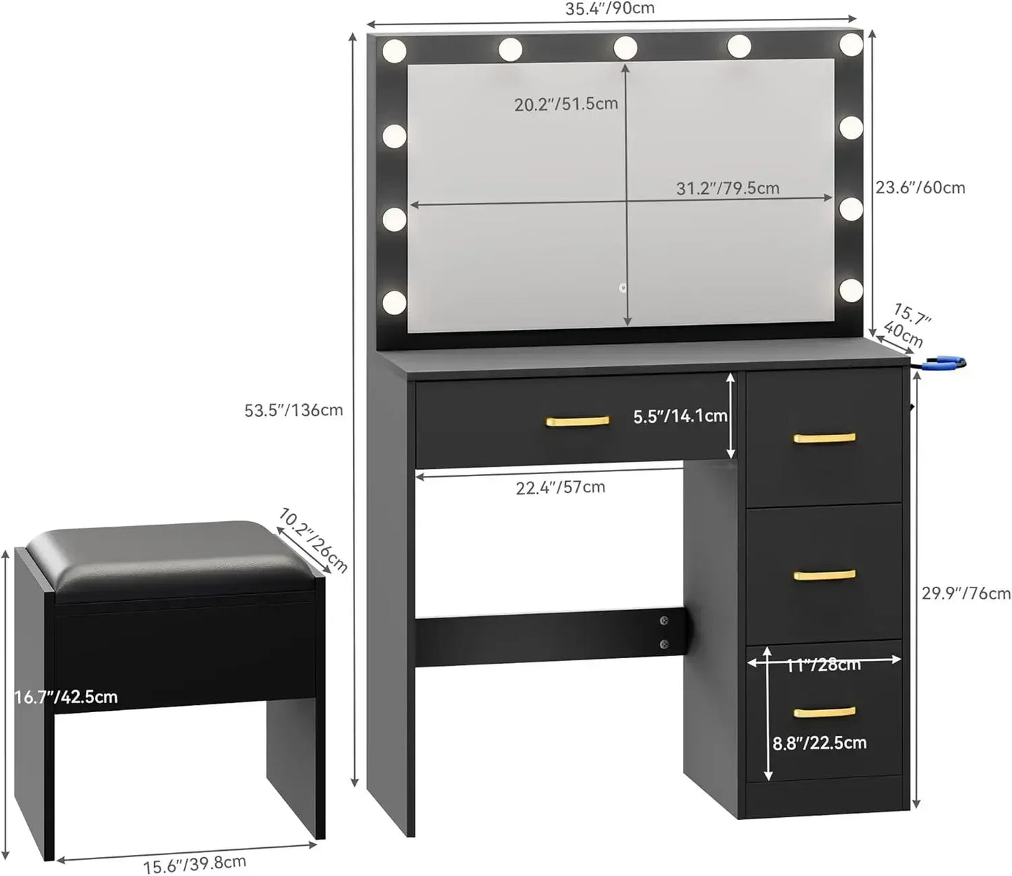 Makeup Vanity Table Set with Large Mirror and Cushioned Stool for Women