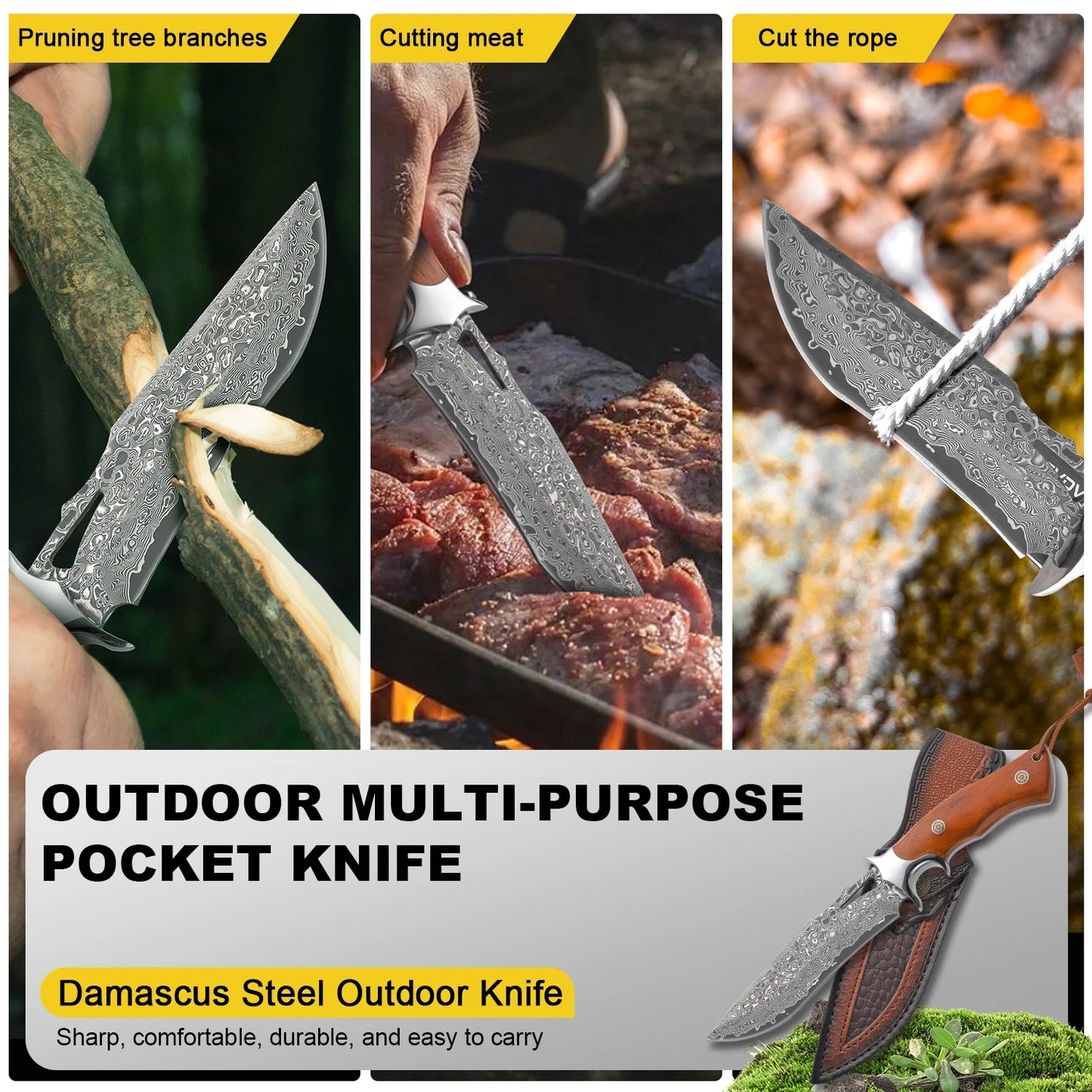 Ljustra PJ065 Damascus Knife Wooden Handle Leather Sheath Outdoor Kitchen