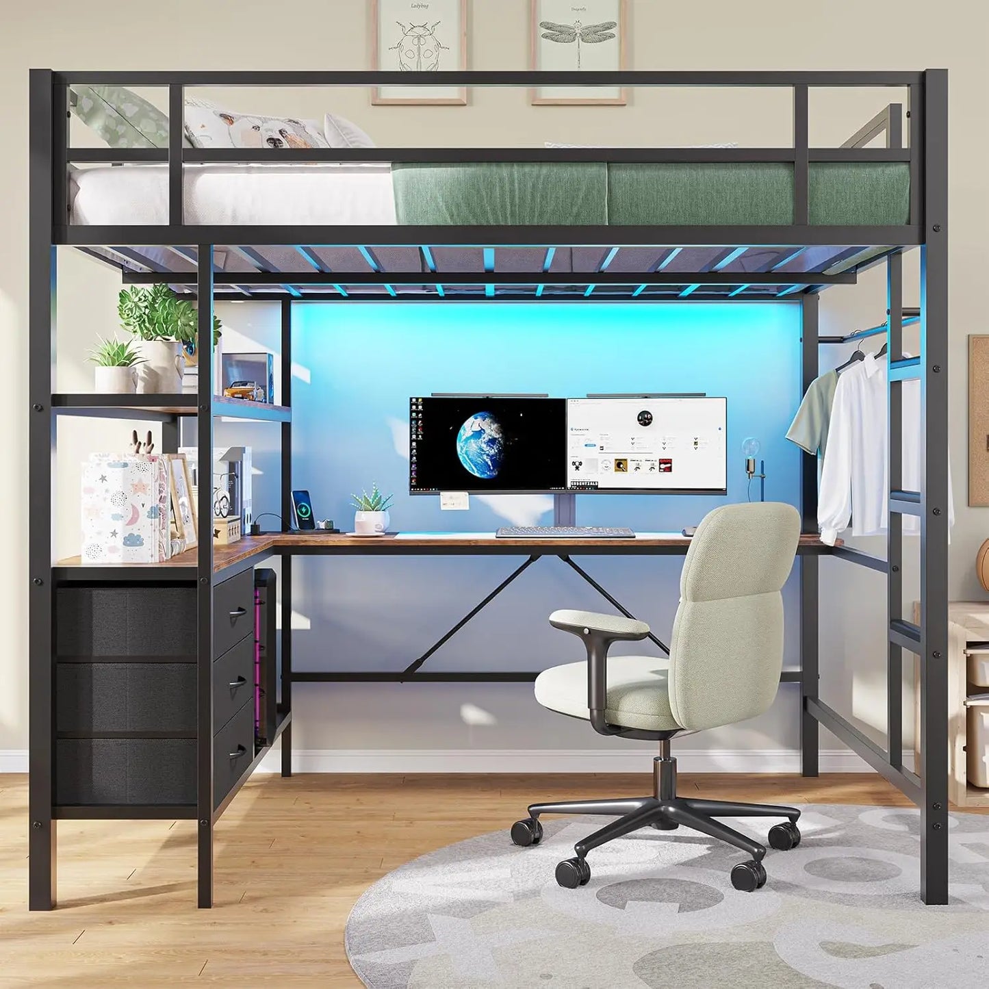 Loft Bed Full Size with Desk Charging Station LED Lights Open Shelves