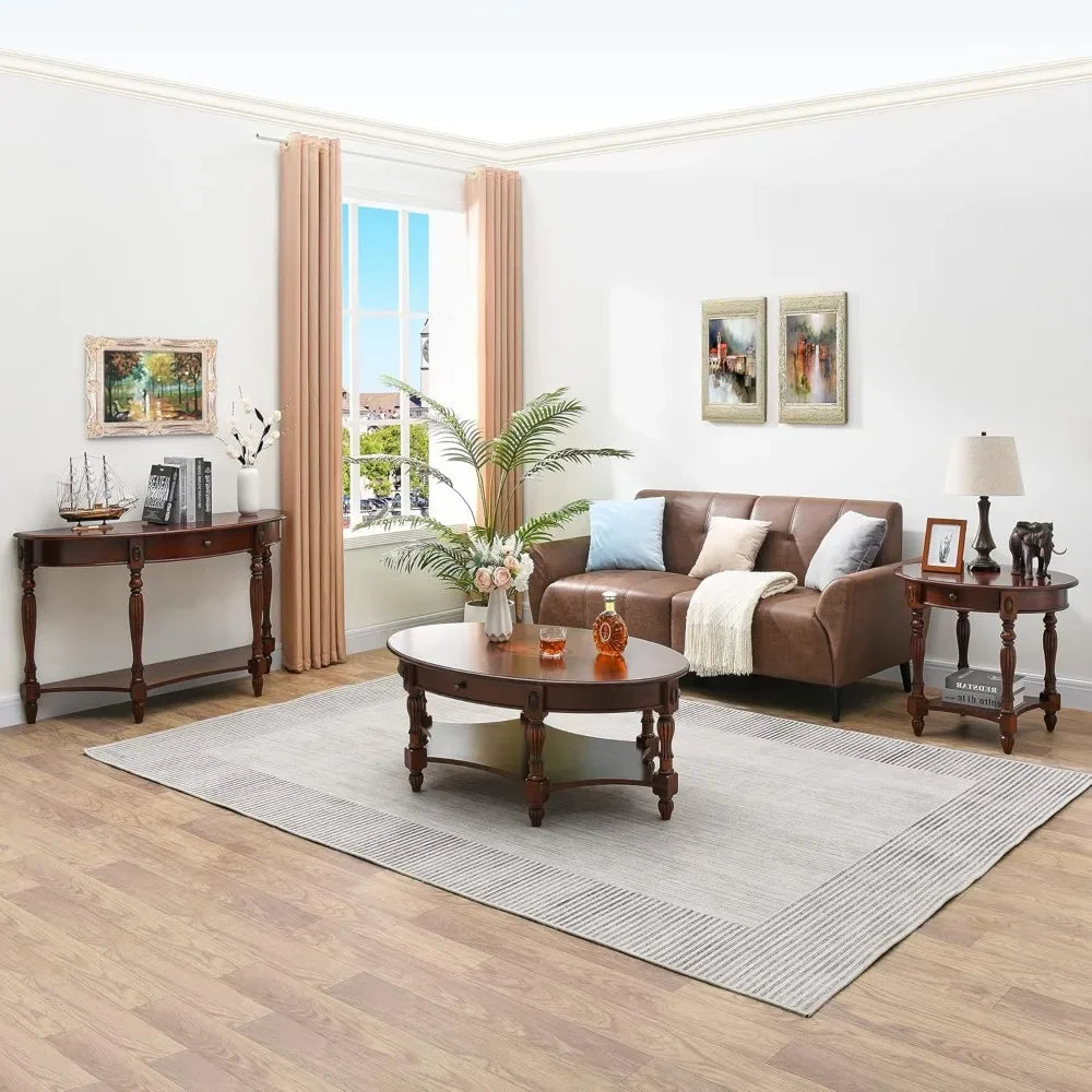 Solid Wood Coffee Table with Drawer Storage Shelf Oval Design Living Room