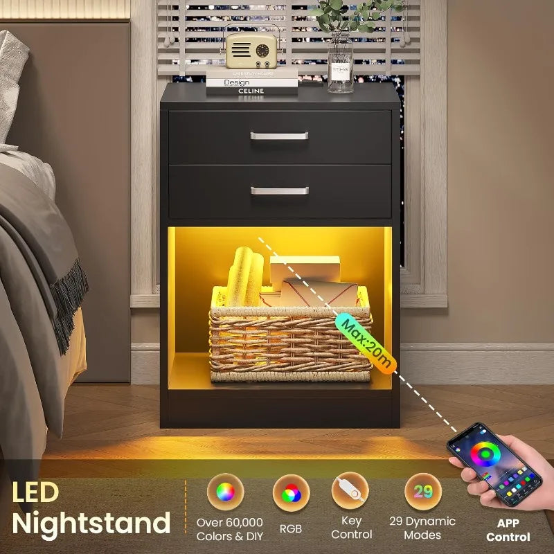 ADORNEVE LED Nightstands Set of 2 with Charging Station for Bedroom