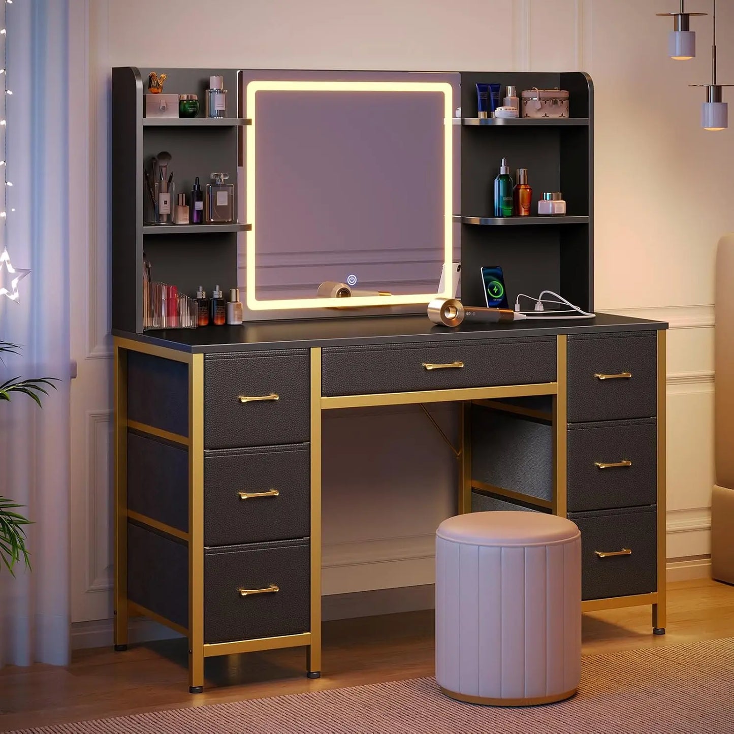 Vanity Desk with Lighted Mirror Power Outlet 7 Drawers 3 Lighting Modes
