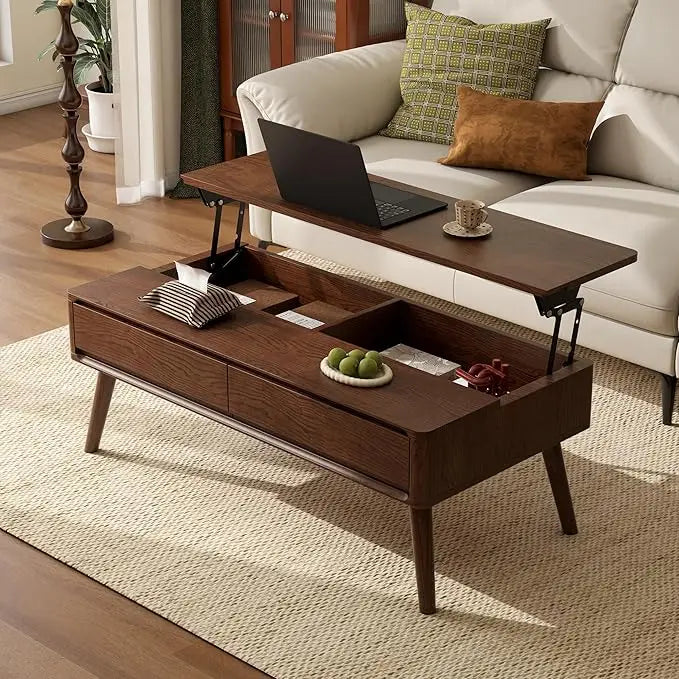 Lift Top Coffee Table Solid Oak Wood Storage Modern Design Walnut